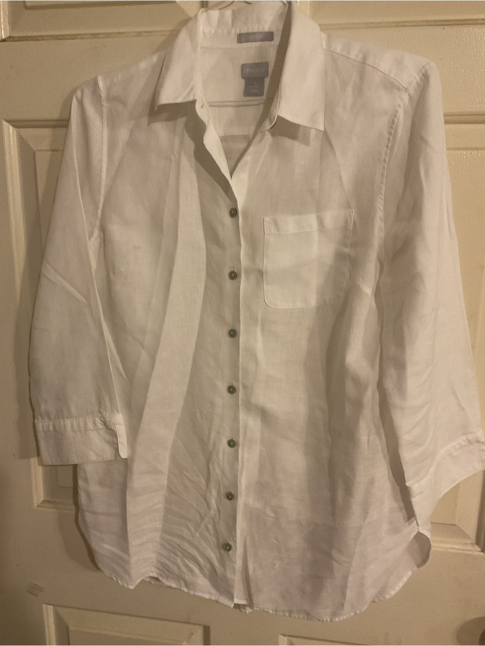 CHICO’S CLASSIC WHITE WOMENS BUTTON UP SHIRT 100%LINEN NO-IRON SZ.1